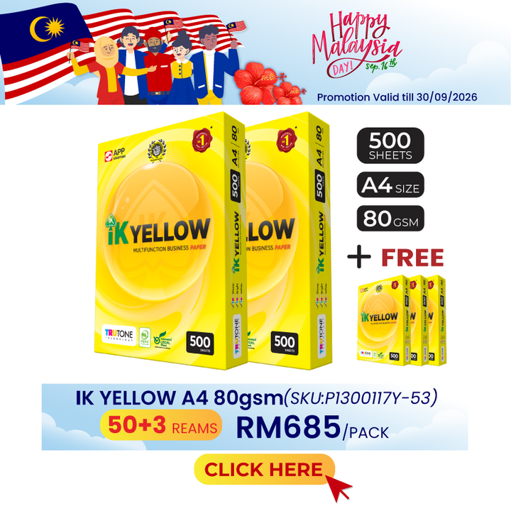 Promo@50reams IK Yellow A4 Paper 80gsm 500's