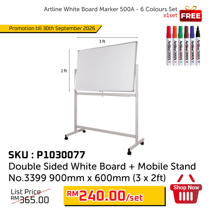 Promo@Double Sided White Board + Mobile Stand No.3399 900mm x 600mm (3 x 2ft)