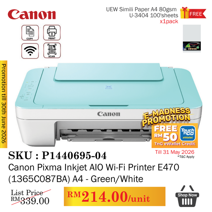 Promo@Canon Pixma Inkjet AIO Wi-Fi Printer E470 (1365C087BA) A4 Green/White