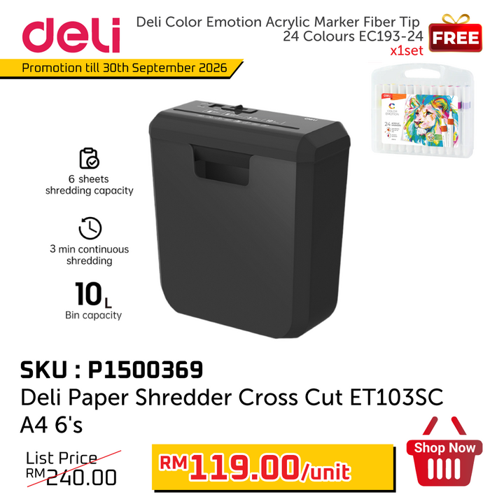 Promo@Deli Paper Shredder Cross Cut ET103SC A4 6's