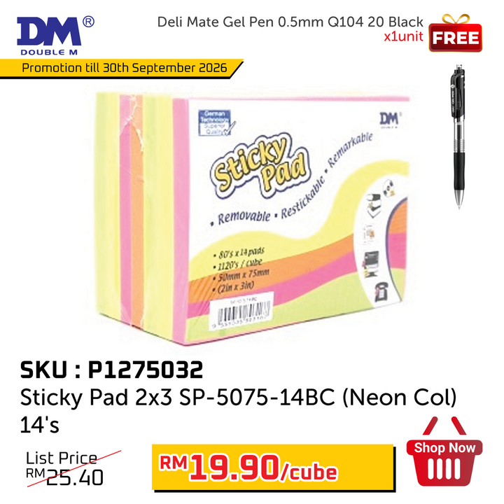 Promo@Sticky Pad 2x3 SP-5075-14BC (Neon Col) 14's