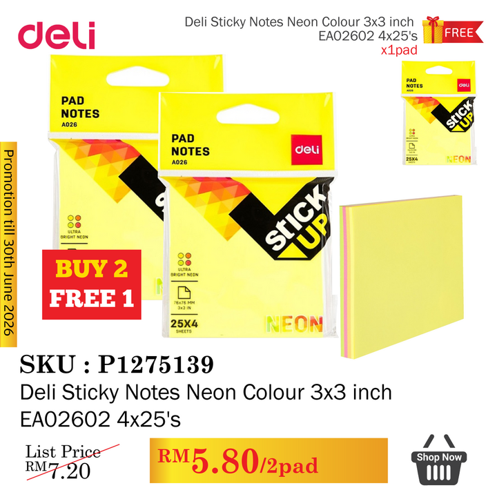 Promo@Deli Sticky Notes Neon Colour 3x3 inch EA02602 4x25's