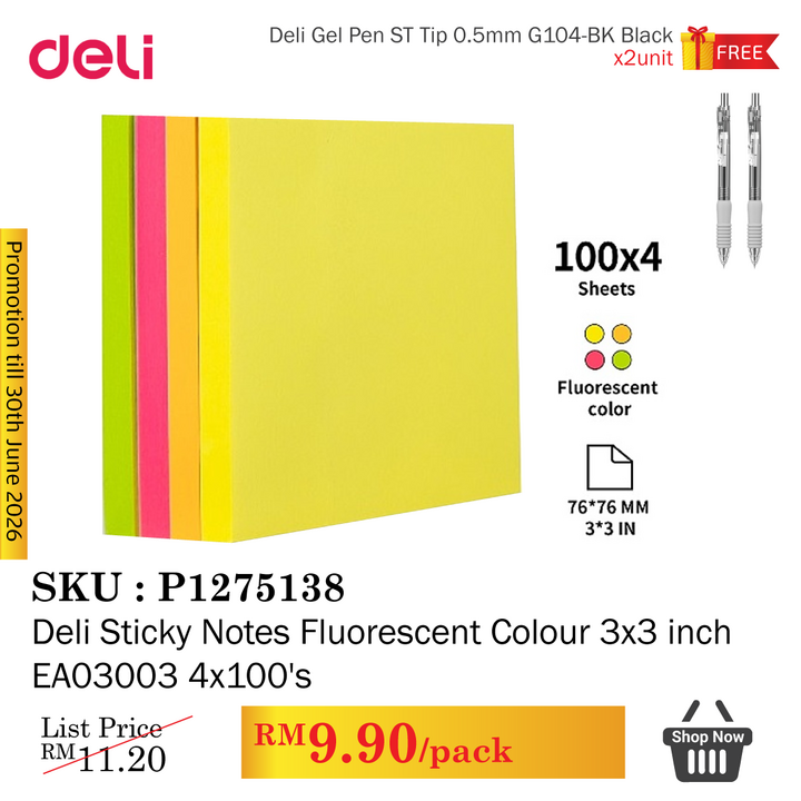 Promo@Deli Sticky Notes Fluorescent Colour 3x3 inch EA03003 4x100's