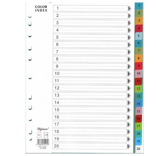 YIJIAN PP Index Divider A4 Numbers 1-20 colour