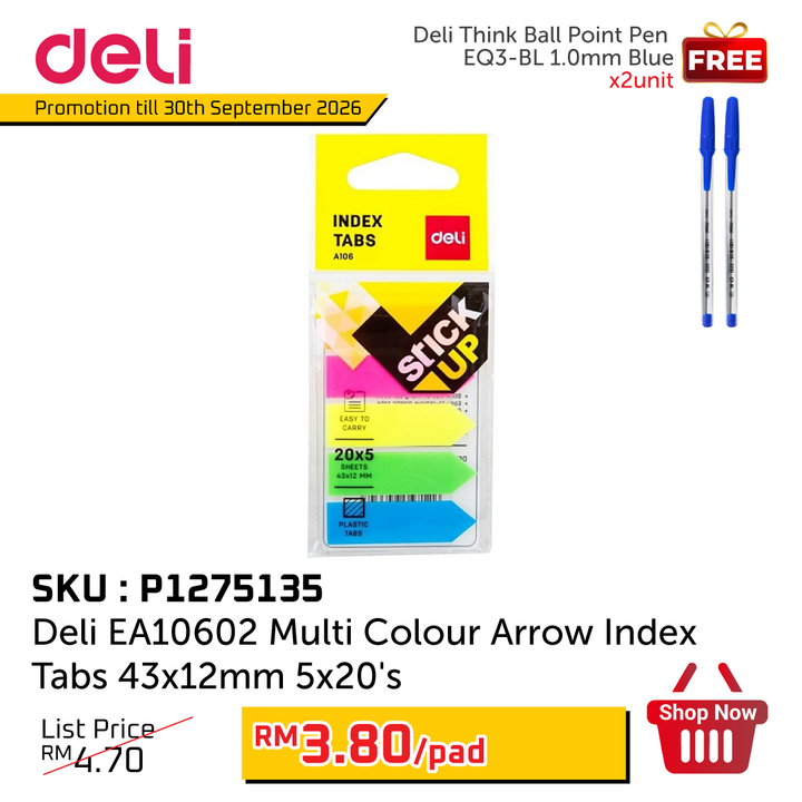 Promo @Deli EA10602 Multi Colour Arrow Index Tabs 43x12mm 5x20's