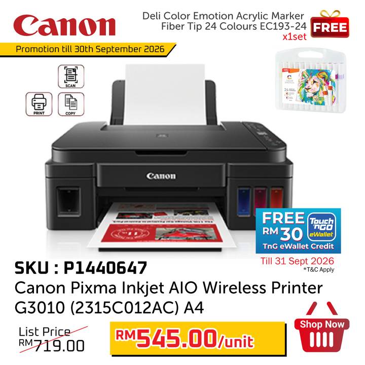 Pre-Order : Promo@Canon Pixma Inkjet AIO Wireless Printer G3010 (2315C012AC) A4