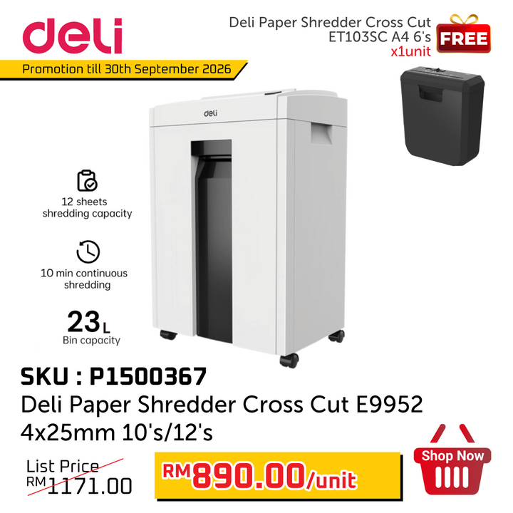 Promo@Deli Paper Shredder Cross Cut E9952 4x25mm 10's/12's