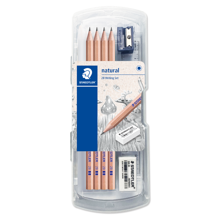 Staedtler Natural 2B Pencils Writing Set in Transparent Box (4pcs Pencils+ Eraser+Sharpener+Ruler)