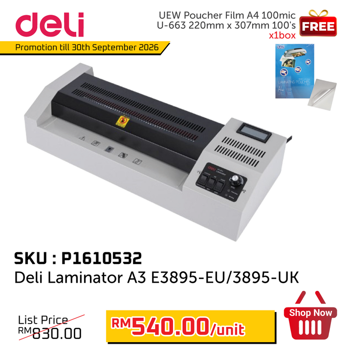 Promo@Deli Laminator A3 E3895-EU