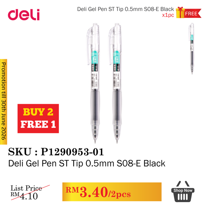 Promo@Deli Gel Pen ST Tip 0.5mm S08-E Black