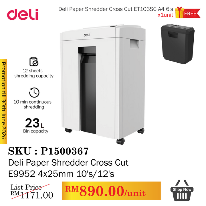 Promo@Deli Paper Shredder Cross Cut E9952 4x25mm 10's/12's
