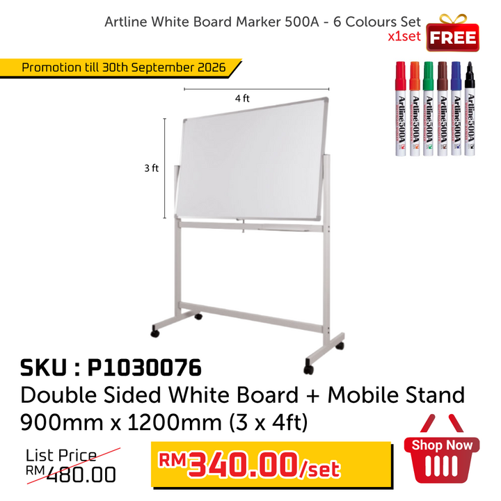 Promo@Double Sided White Board + Mobile Stand 900mm x 1200mm (3 x 4ft)