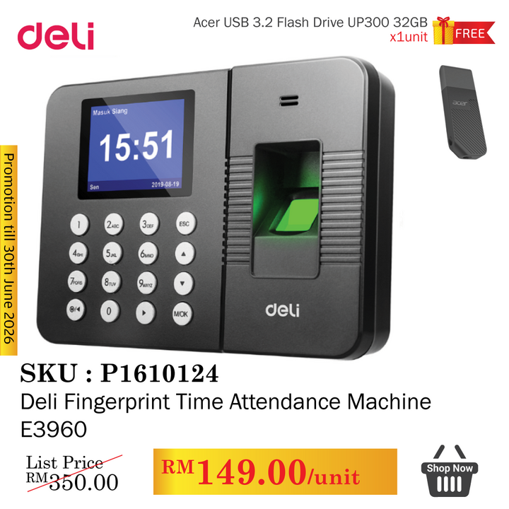 Promo@Deli Fingerprint Time Attendance Machine E3960