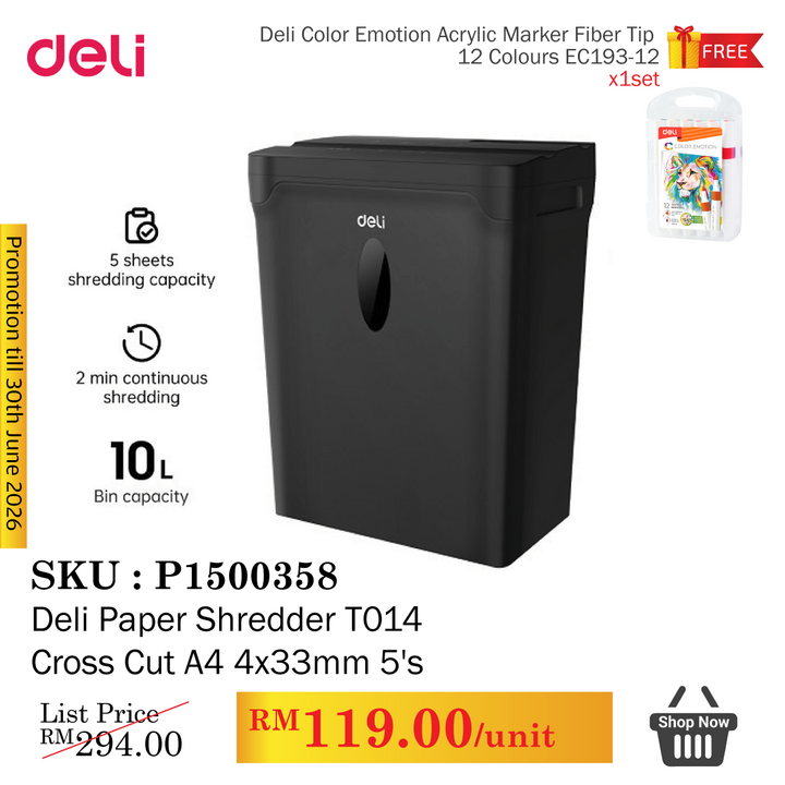 Promo@Deli Paper Shredder T014  Cross Cut A4 4x33mm 5's