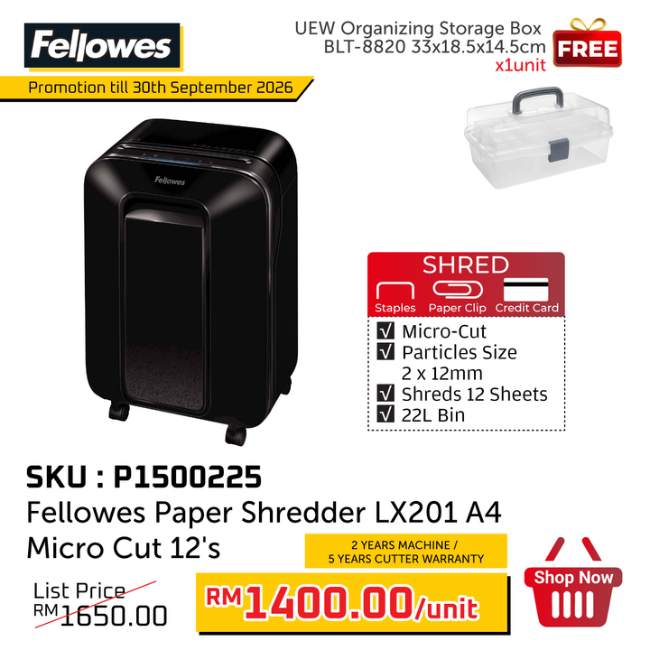 Promo@Fellowes Paper Shredder LX201 A4 Micro Cut 12's