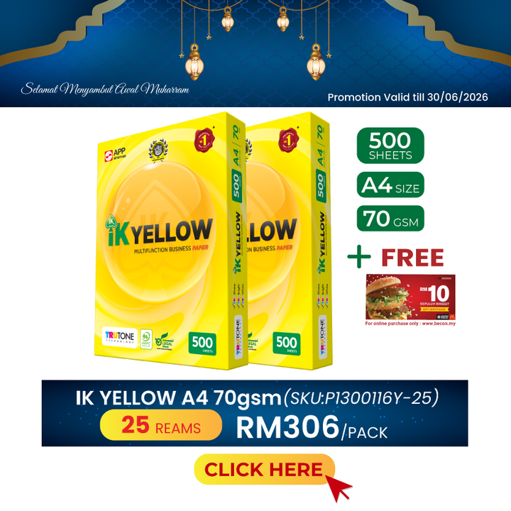 Promo@25reams IK Yellow A4 Paper 70gsm 500's
