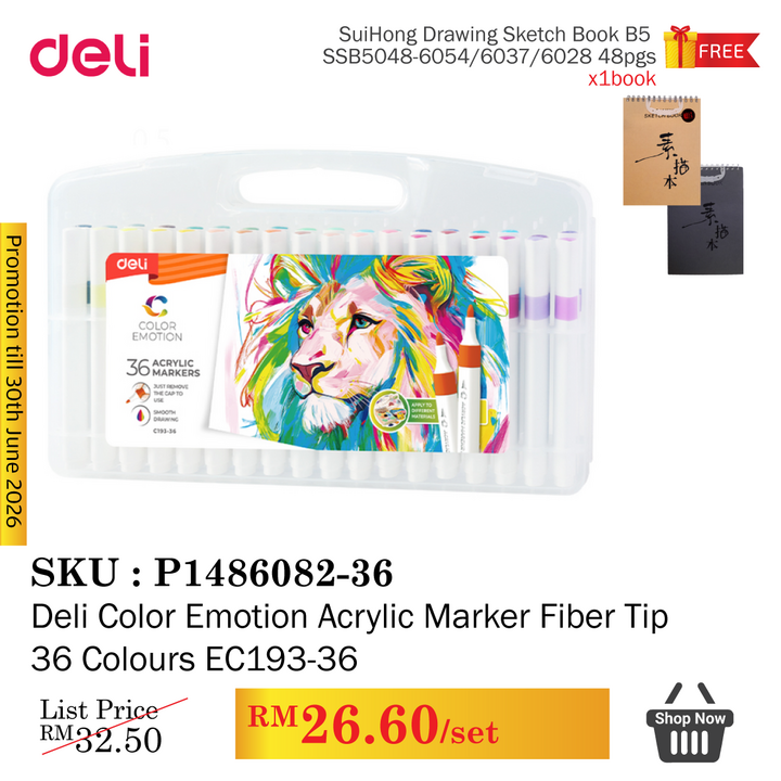Promo@Deli Color Emotion Acrylic Marker Fiber Tip 36 Colours EC193-36
