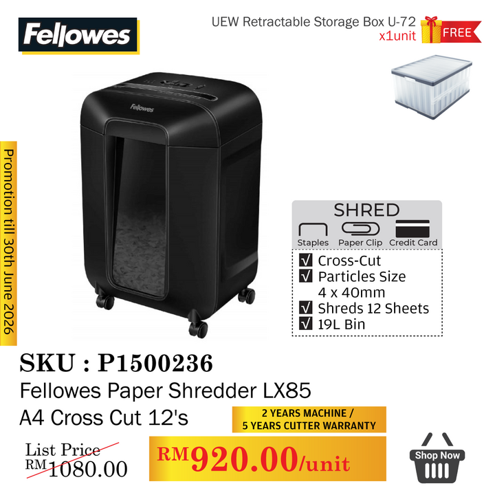 Promo@Fellowes Paper Shredder LX85 A4 Cross Cut 12's