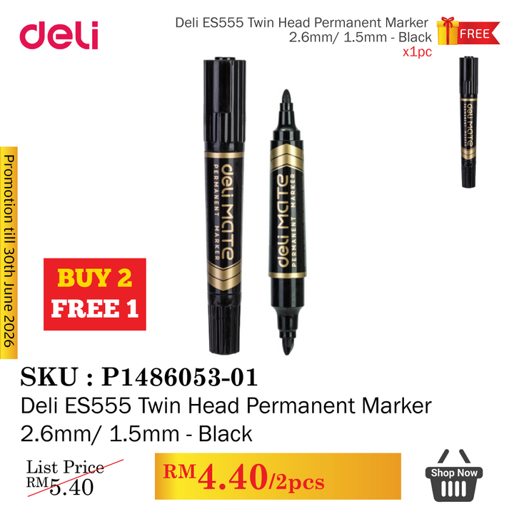 Promo@Deli ES555 Twin Head Permanent Marker 2.6mm/ 1.5mm